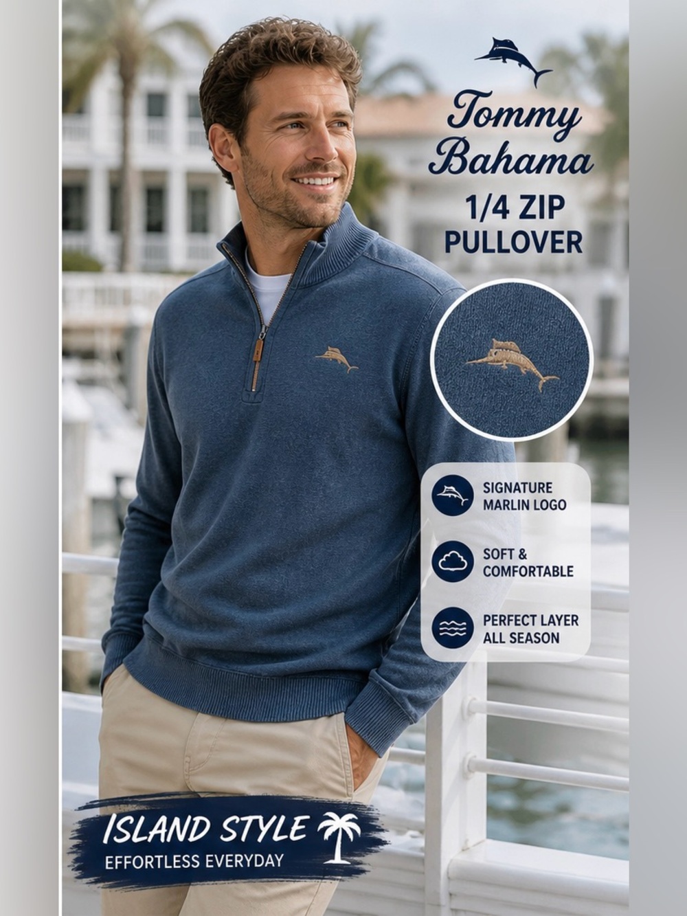 Tommy Bahama 1/4 Zip Pullover Mens Blue Sweater Sweatshirt Island Style Casual